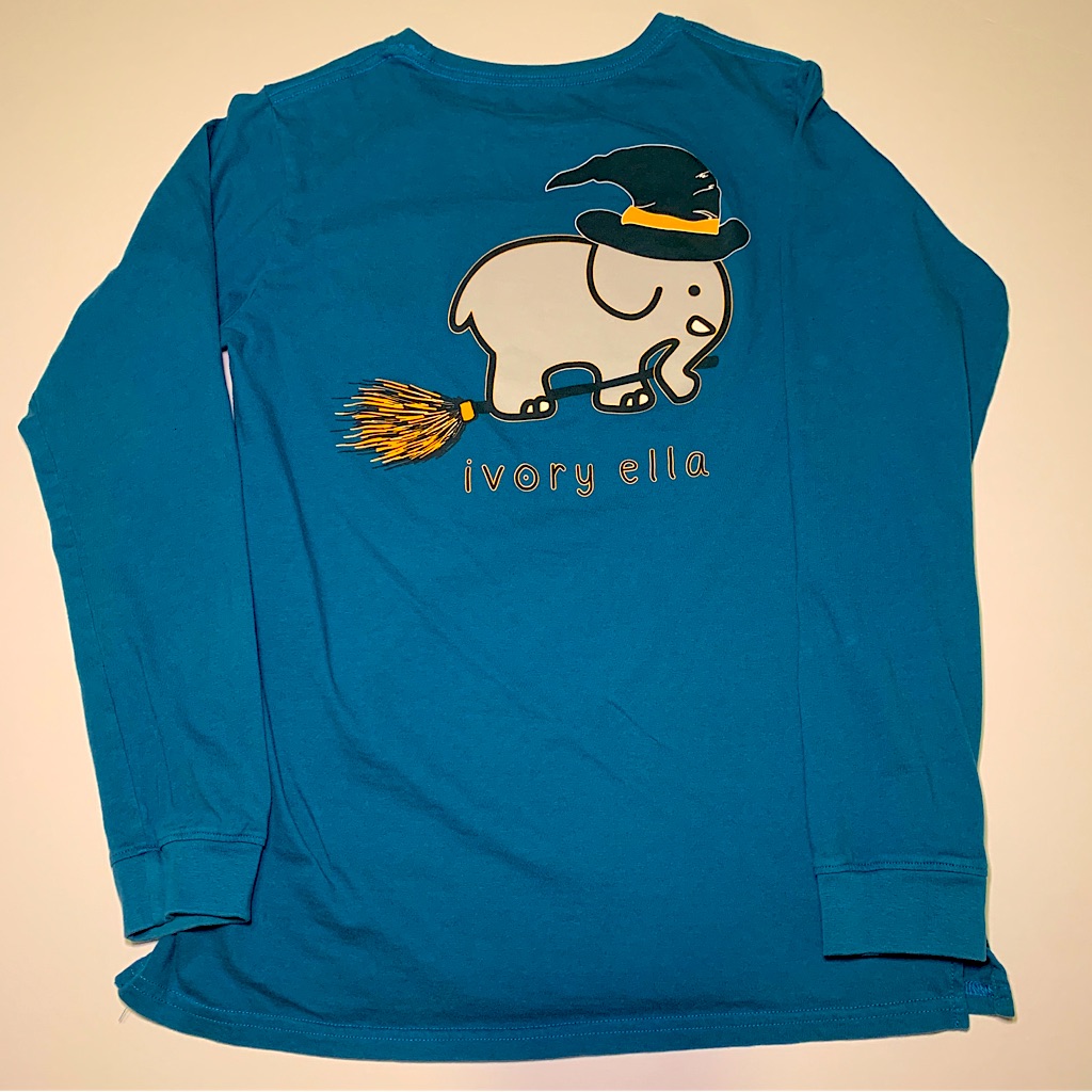 Ivory Ella Halloween Long Sleeve Blue Tee Witch Broom Elephant Spooky Size Large